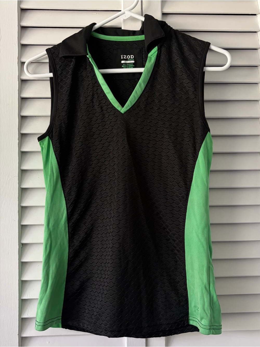 Izod Black Sleeveless Polo Tank with Bright Green Panels